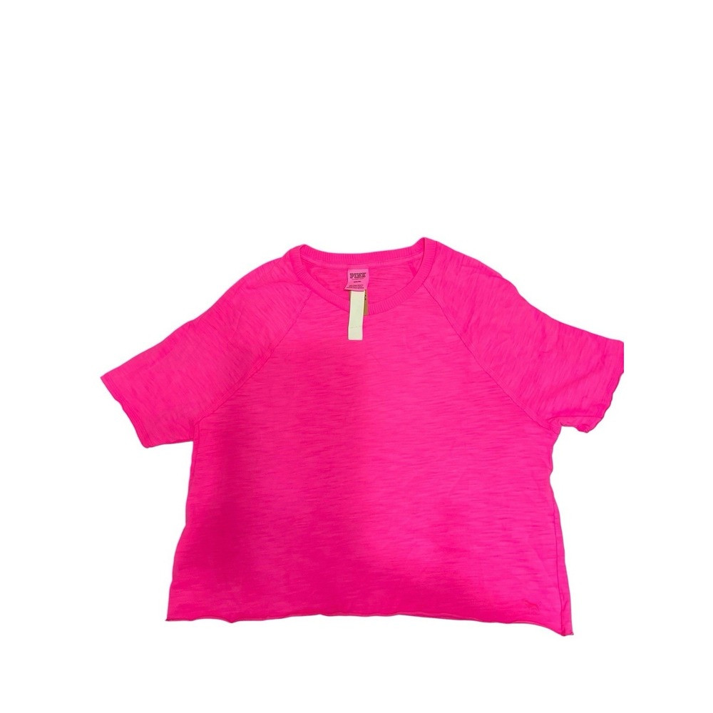 Victoria Secret PINK Crop Top Neon Pink Solid Short Sleeve Crew Neck Raw Cut Hem